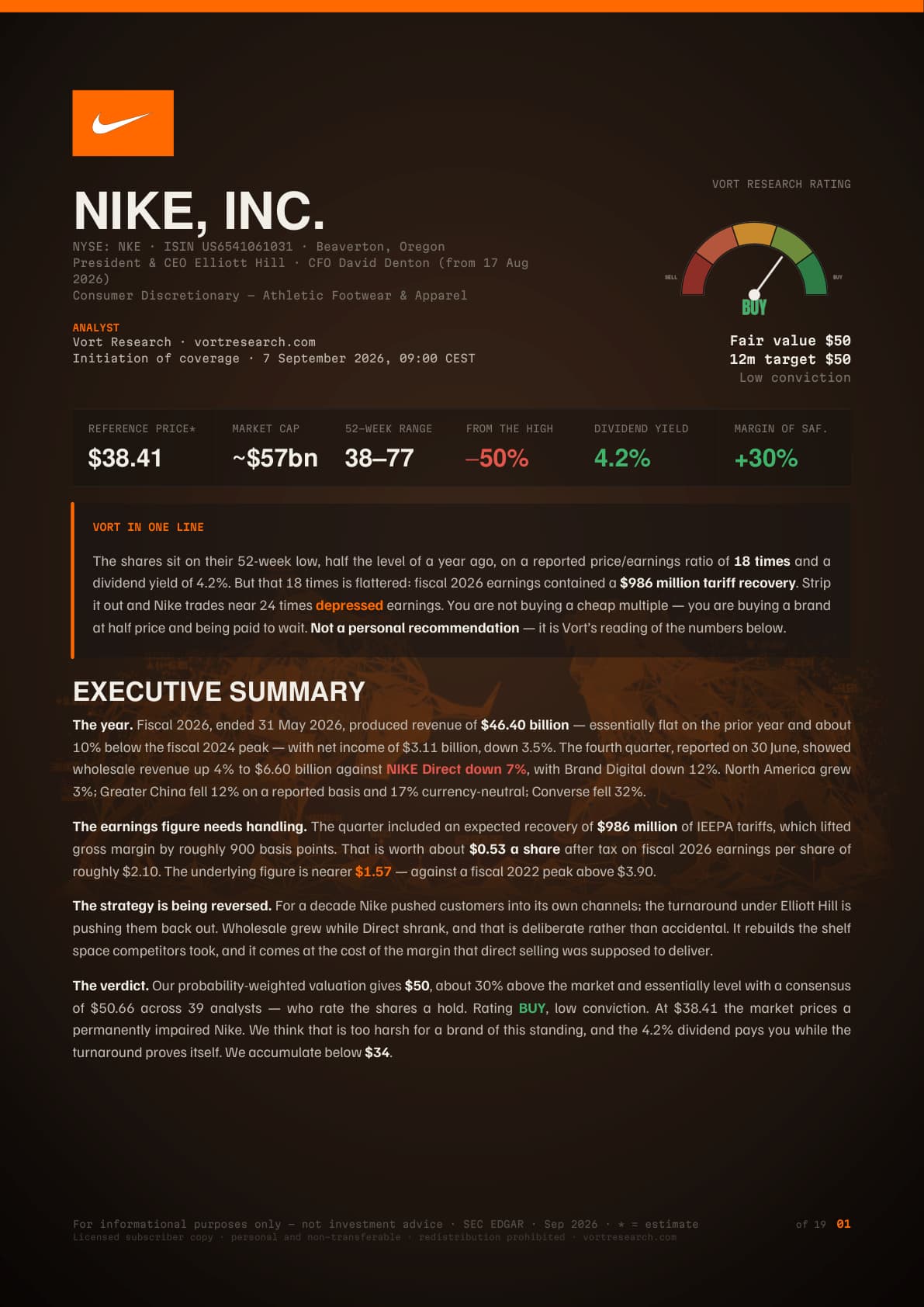 Cover of the Vort report on NIKE, Inc.