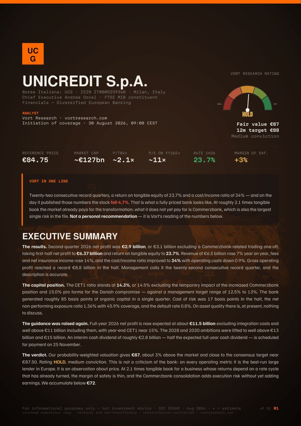 Cover of the Vort report on UniCredit